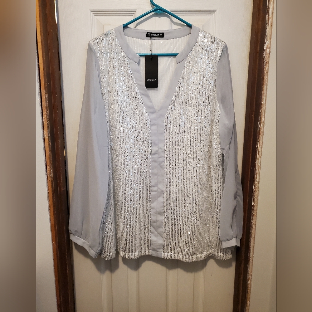 Silver Sequined Blouse with Sheer Sleeves